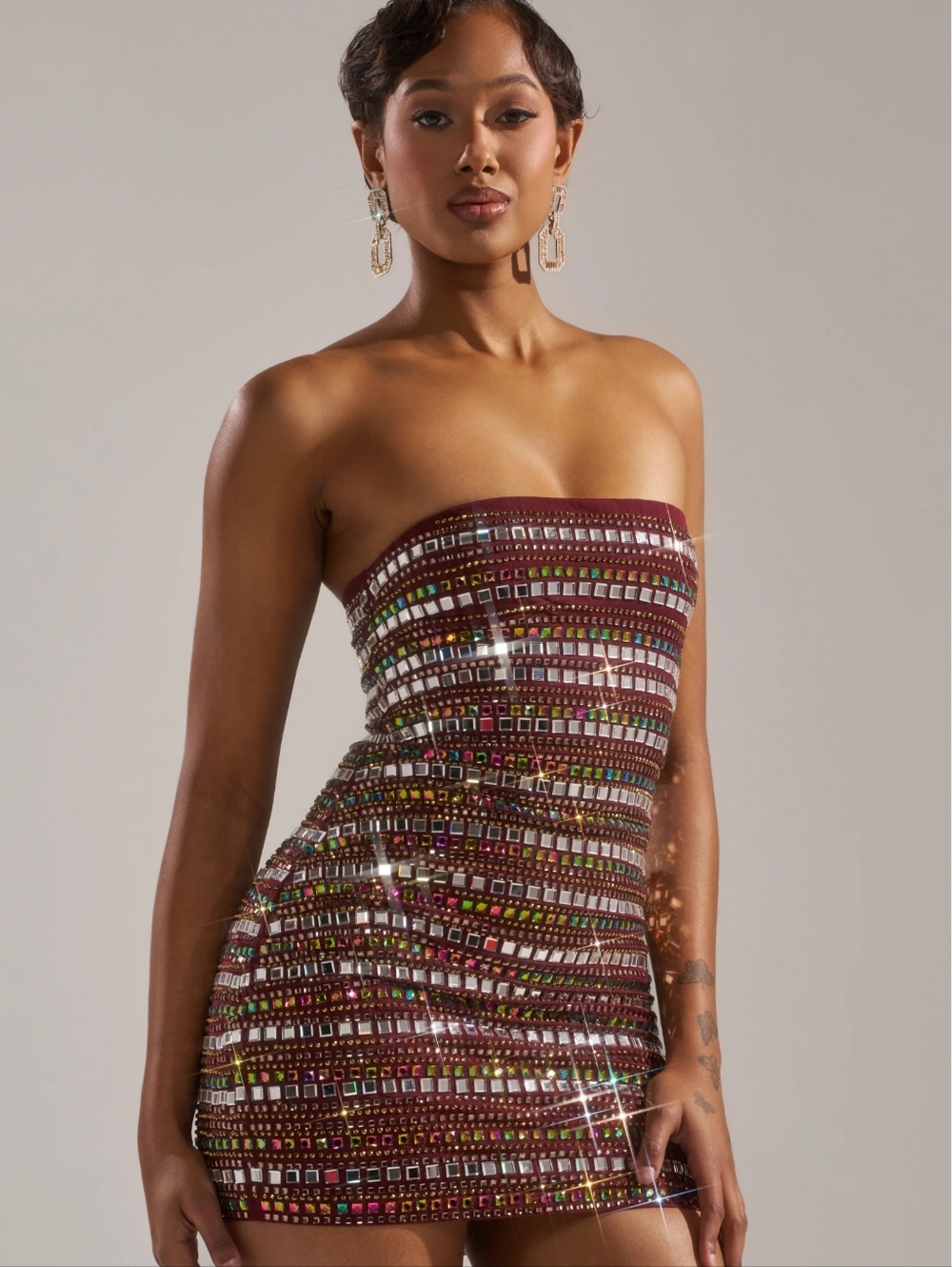 AKIRA Burgundy Crystal Mini Dress with Multicolor Jewels - Picture 5 of 7